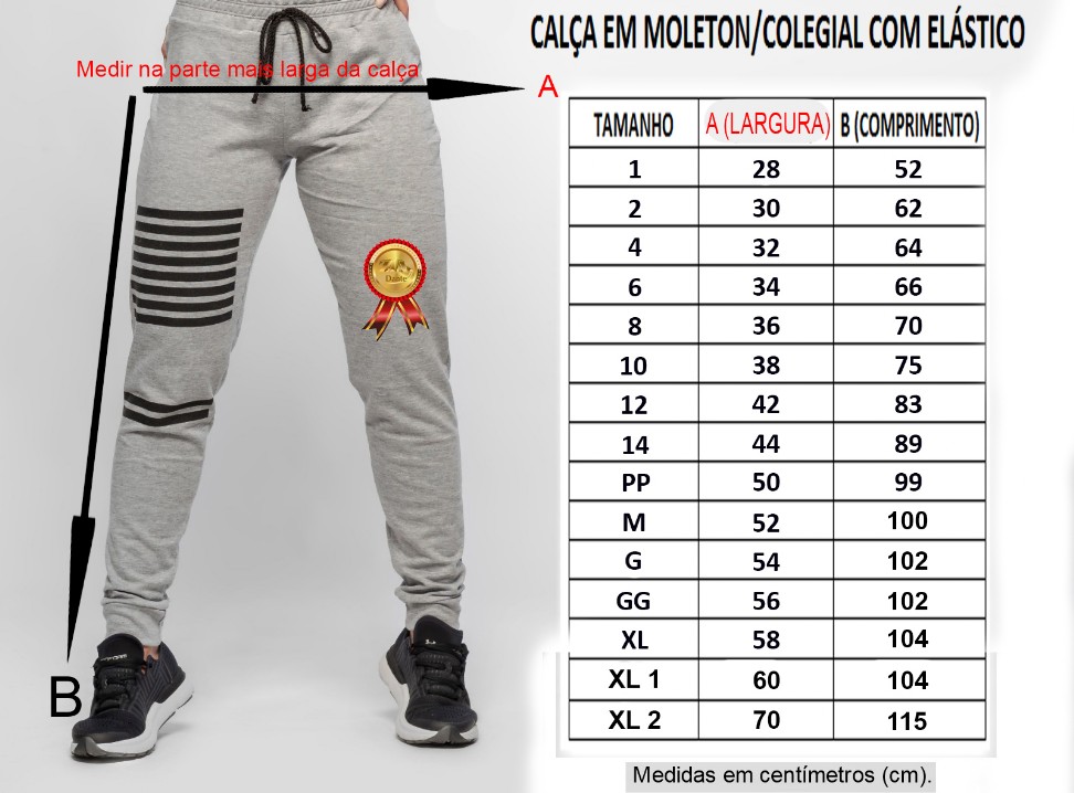 Tabela de medidas calça de moleton