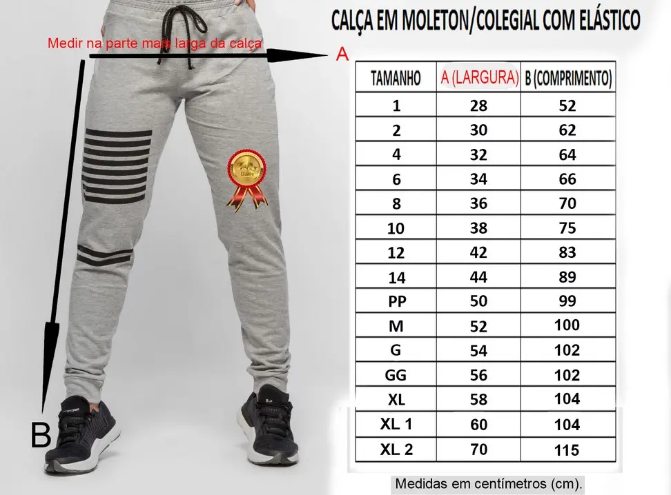 Tabela de medidas calça de moleton