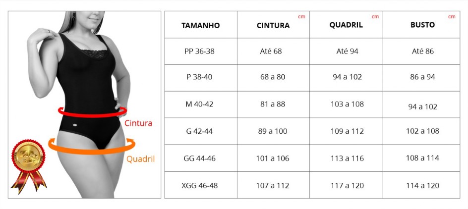 Tabela de medidas Body Adulto