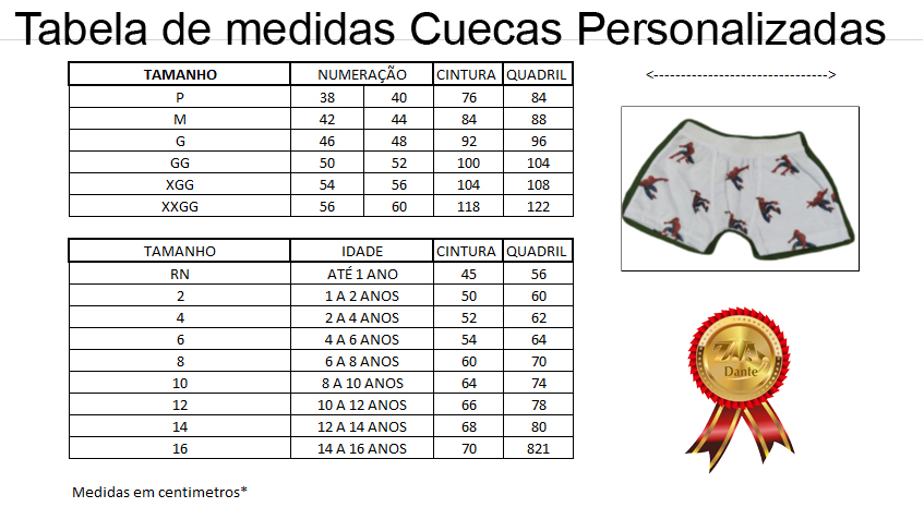 Tabela de medidas Cuecas