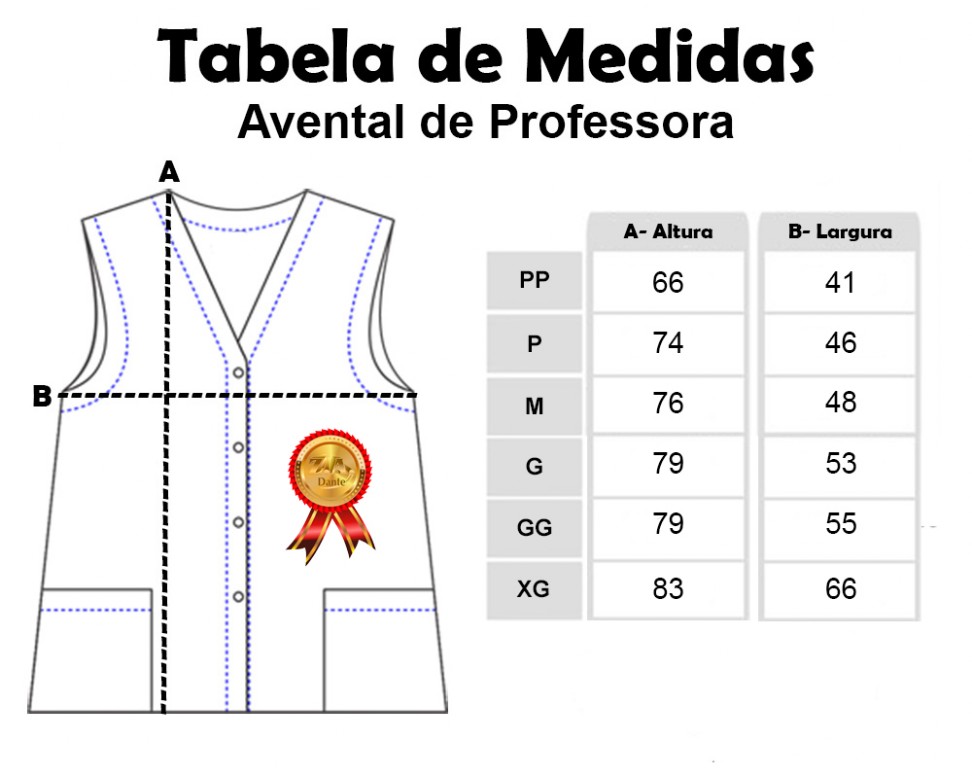 Tabela de medidas jaleco cavado