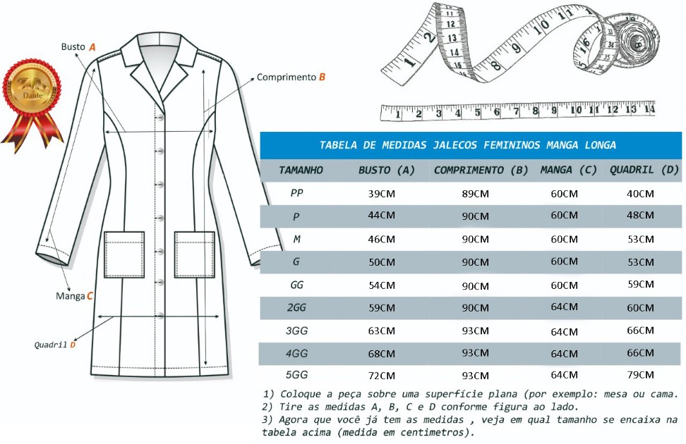 Tabela de medidas Jalecos Femininos Manga Longa