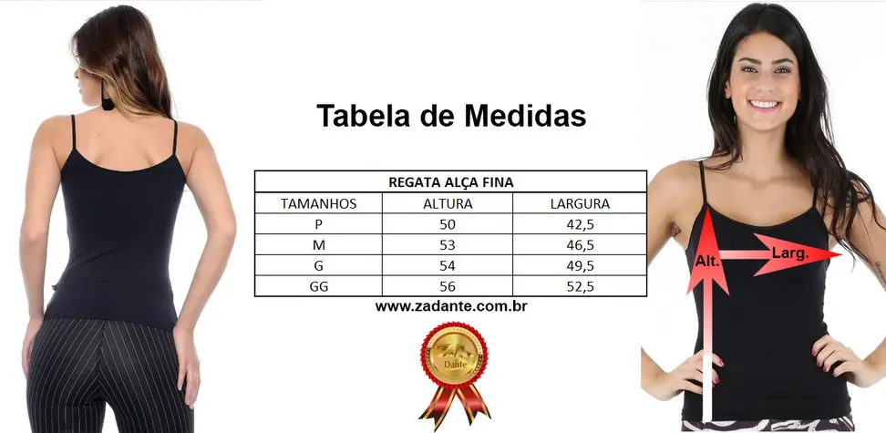 Tabela de medidas regata alça fina feminina