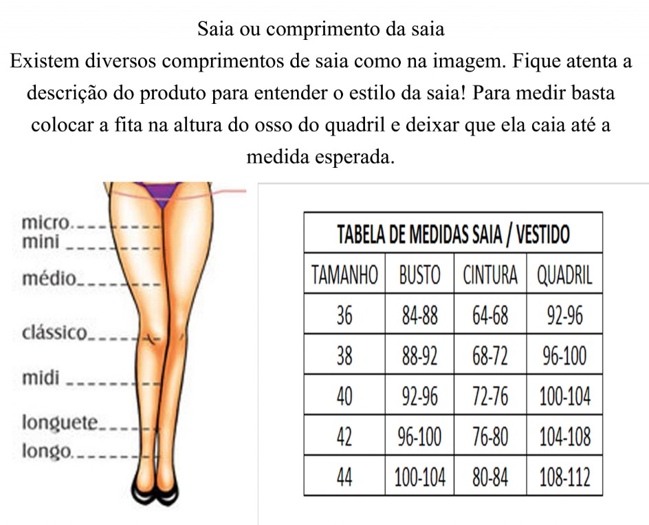 Tabela de medidas Saia e Vestido