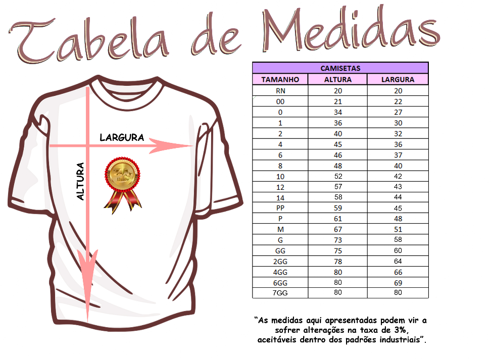 Tabela de medidas Camisetas