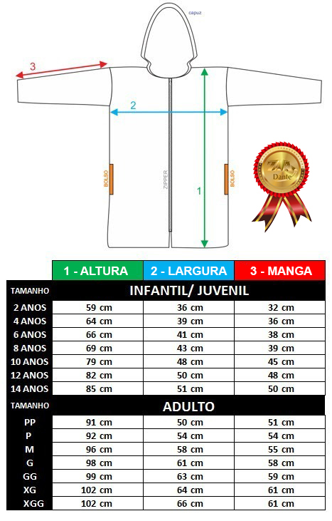 Tabela de medidas Moleton com Capuz